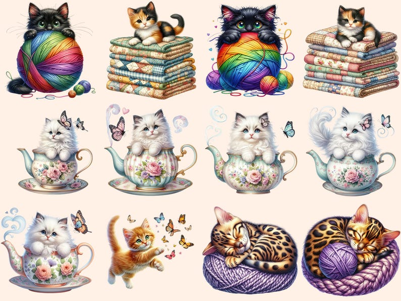 Kittens Clipart - 91 PNG Adorable Kitten Graphics, Cute Cat Printables, Instant Digital Download, Unlimited Commercial Use Crafts Designs image 6