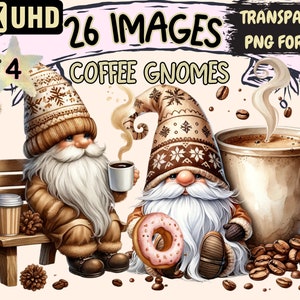 Coffee Gnomes (P4) Clipart - 26 PNG Caffeine Gnome Graphics, Cafe Latte Gnome Printables, Instant Digital Download,Unlimited Commercial Use