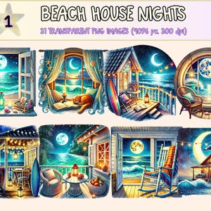 Beach House Nights Clipart - 31 PNG Coastal Summer Evening Graphics, Moonlit Ocean Illustrations, Instant Digital Download, Commercial Use
