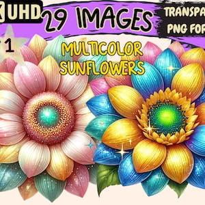 Multicolor Sunflowers Clipart - 29 PNG Vibrant Floral Illustrations, Bright Art, Instant Digital Download, Unlimited Commercial Use Crafts