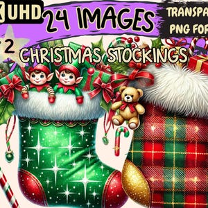 May include: Two Christmas stockings, one green with white stars and one red and green plaid. Both stockings are filled with gifts, including a teddy bear, candy canes, and elves.