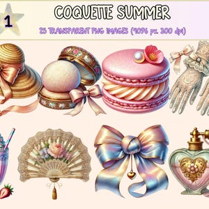 Coquette Summer (P1) Clipart - 25 PNG Pastel Aesthetic Graphics, Romantic Fashion Illustrations, Instant Digital Download, Commercial Use