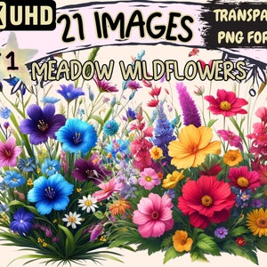 Meadow Wildflowers Clipart - 21 PNG Beautiful Flower Graphics, Nature Printables, Instant Digital Download, Unlimited Commercial Use Crafts