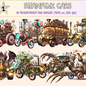 Steampunk Cars Clipart - 68 PNG Vintage Vehicle Illustrations, Mechanical Art, Instant Digital Download, Unlimited Commercial Use for Crafts