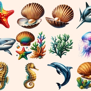 May include: A collection of colorful ocean-themed illustrations, including a starfish, seashells, a shark, coral, seaweed, a jellyfish, a dolphin, and seahorses.