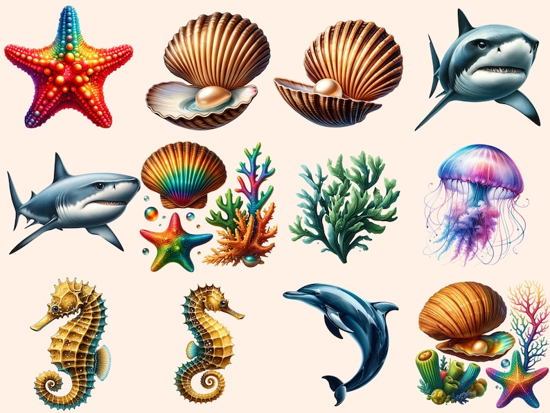 May include: A collection of colorful ocean-themed illustrations, including a starfish, seashells, a shark, coral, seaweed, a jellyfish, a dolphin, and seahorses.