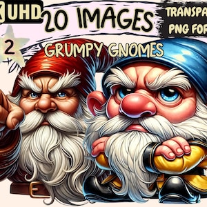 Grumpy Gnomes (P2) Clipart - 20 PNG Moody Angry Gnome Illustrations, Adorable Art, Instant Digital Download, Unlimited Commercial Use Crafts