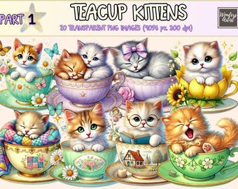 Immagini clipart di gattini in tazza da tè – 20 grafiche PNG di gatti kawaii (uso commerciale)