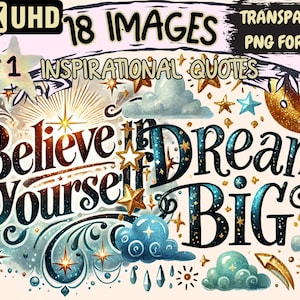 Inspirational Quotes Clipart - 18 PNG Motivational Phrase Illustrations, Positive Art, Instant Digital Download, Unlimited Commercial Use