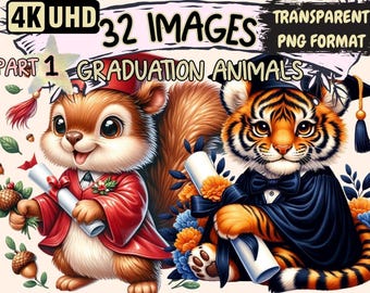 Graduation Animals Clipart – 32 PNG Graphics, Commercial Use (Digital Download)