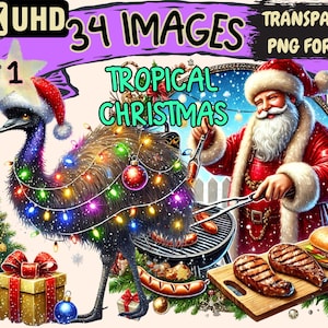 Tropical Christmas Clipart - 34 PNG Festive Holiday Illustrations, Beach Art, Instant Digital Download, Unlimited Commercial Use Crafts