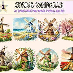 Spring Windmills Clipart - 25 PNG Rustic Countryside Graphics, Floral Springtime Illustrations, Instant Digital Download, Commercial Use