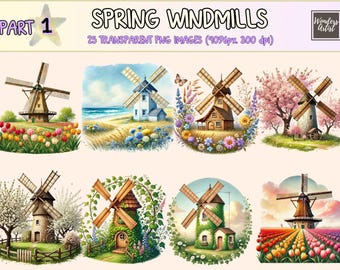 Spring Windmills Clipart – Rustic Floral PNG Graphics (Commercial Use)