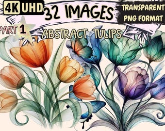 Abstract Tulip Clipart – 32 PNG Floral Mosaic Designs (Digital Download)