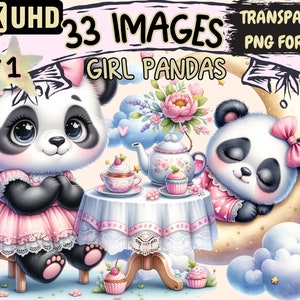 Girl Pandas Clipart - 33 PNG Adorable Panda Graphics, Cute Printables,Instant Digital Download,Unlimited Commercial Use for Crafts & Designs