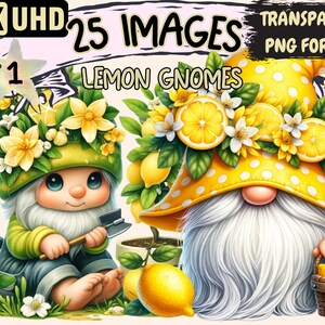 Lemon Gnomes Clipart - 25 PNG Zesty Gnome Graphics, Summer Colorful Lemon Printables, Instant Digital Download, Unlimited Commercial Use