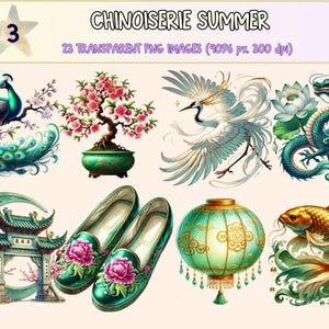 Chinoiserie Summer (P3) Clipart - 23 PNG Elegant Oriental Graphics, Floral Garden Illustrations, Instant Digital Download, Commercial Use