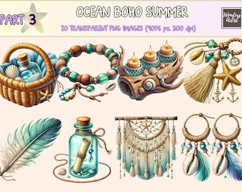 Ocean Boho Clipart – Summer Coastal PNG Graphics (Commercial Use)