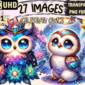 Celestial Owls Clipart Bundle - 27 PNG Cute Magical Owl Graphics, Night Bird Printables, Instant Digital Download, Unlimited Commercial Use