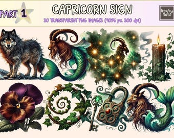 Capricorn Sign Clipart – Watercolor Zodiac PNG Graphics (Digital Download)