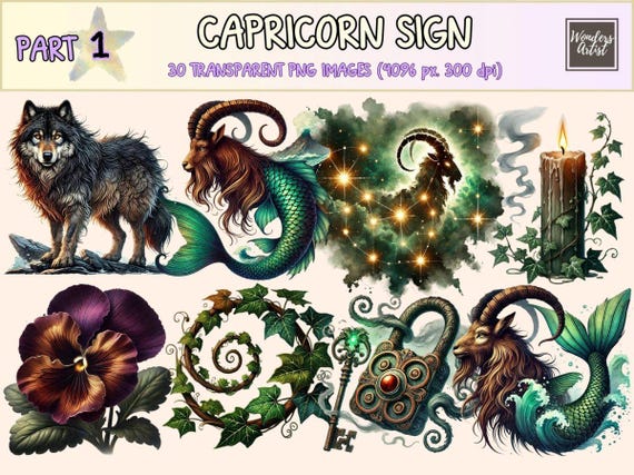 Capricorn Sign Clipart – Watercolor Zodiac PNG Graphics (Digital Download)