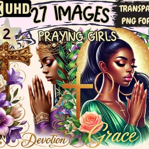 Praying Girls (P2) Clipart - 27 PNG African-American Girl Illustrations,Faith Religion Art,Instant Digital Download,Unlimited Commercial Use
