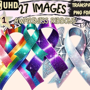 Awareness Ribbons Clipart - 27 PNG Support Symbol Illustrations, Advocacy Art, Instant Digital Download, Unlimited Commercial Use for Crafts