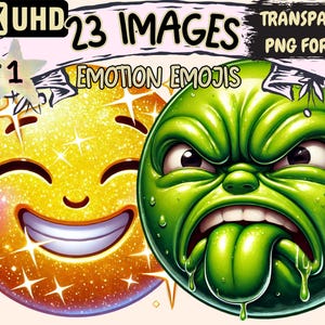 Emotion Emojis Clipart - 23 PNG Expressive Face Illustrations, Expression Digital Art, Instant Download, Unlimited Commercial Use for Crafts