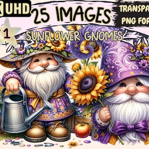 Sunflower Gnomes Clipart - 25 PNG Vibrant Sunflower Gnome Graphics, Beautiful Printables, Instant Digital Download, Unlimited Commercial Use