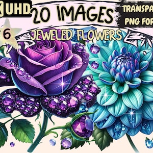 Jeweled Flowers (P6) Clipart - 20 PNG Elegant Gem Floral Illustrations, Decorative Art, Instant Digital Download, Unlimited Commercial Use