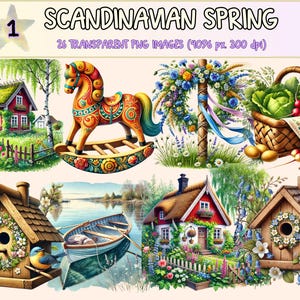 Scandinavian Spring (P1) Clipart - 26 PNG Nordic Floral Graphics, Springtime Folk Art Illustrations, Instant Digital Download,Commercial Use