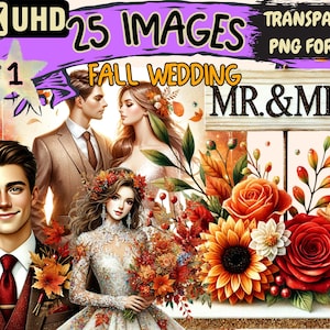Fall Wedding Clipart - 25 PNG Autumn-Themed Bridal Illustrations, Seasonal Art, Instant Digital Download, Unlimited Commercial Use Crafts