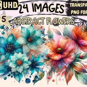 Abstract Flowers (P5) Clipart - 24 PNG Artistic Floral Graphics, Modern Printables, Instant Digital Download,Unlimited Commercial Use Crafts
