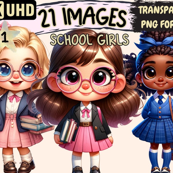 School Girls Clipart Bundle - 21 PNG Cute Educational Graphics, Schoolgirls Printables, Instant Digital Download, Unlimited Commercial Use