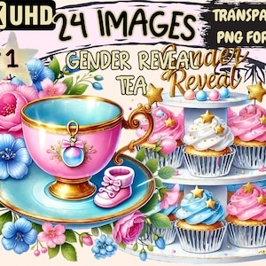 Gender Reveal Tea Clipart - 24 PNG Party Graphics, Baby Shower Printables, Instant Digital Download, Unlimited Commercial Use for Crafts