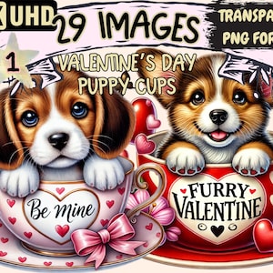 Valentine's Day Puppy Cups Clipart - 29 PNG Adorable Dog Graphics, Holiday Cup Printables, Instant Digital Download,Unlimited Commercial Use