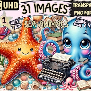 Sea Animals Clipart - 31 PNG Underwater Marine Life Illustrations, Ocean Art, Instant Digital Download, Unlimited Commercial Use for Crafts