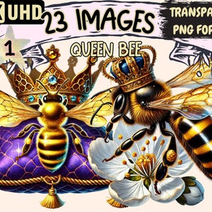 Queen Bee (P1) Clipart - 23 PNG Cute Bee-Themed Graphics, Royal Bee Printables, Instant Digital Download, Unlimited Commercial Use Crafts