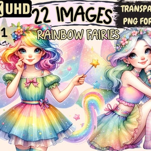 Rainbow Fairies Clipart Bundle - 22 PNG Colorful Fairytale Graphics, Fairy Printables, Instant Digital Download, Unlimited Commercial Use