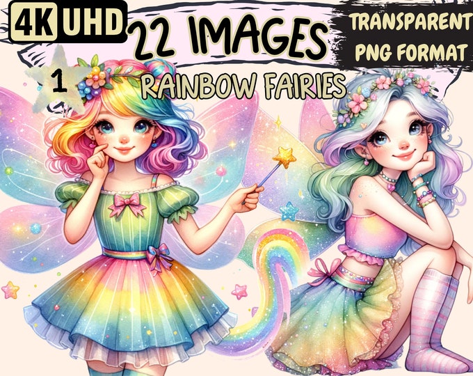 Rainbow Fairies Clipart Bundle - 22 PNG Colorful Fairytale Graphics, Fairy Printables, Instant Digital Download, Unlimited Commercial Use