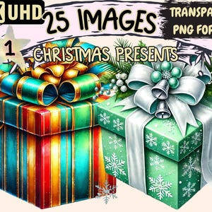 Christmas Presents Clipart - 25 PNG Festive Gift Illustrations, Holiday Art, Instant Digital Download, Unlimited Commercial Use for Crafts
