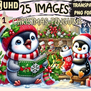 Christmas Penguins Clipart - 25 PNG Holiday Penguin Illustrations, Festive Art, Instant Digital Download, Unlimited Commercial Use Crafts