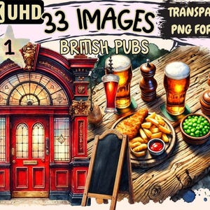 Vintage British Pubs Clipart – Cozy Tavern PNG Graphics (Digital Download)