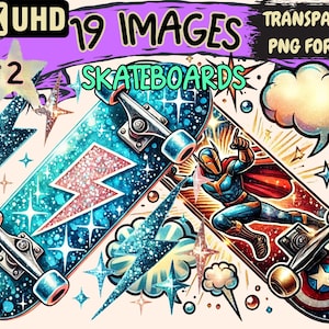 Skateboards (P2) Clipart - 19 PNG Dynamic Skateboard Illustrations, Sport Art, Instant Digital Download, Unlimited Commercial Use for Crafts