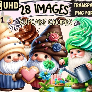 Cupcake Gnomes Clipart - 28 PNG Sweet Little Gnome Graphics, Tasty Desserts Printables, Instant Digital Download, Unlimited Commercial Use