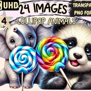 Lollipop Animals (P4) Clipart - 24 PNG Sweet Treat Animal Illustrations, Whimsical Art, Instant Digital Download, Unlimited Commercial Use