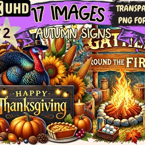 Autumn Signs (P2) Clipart - 17 PNG Fall-Themed Sign Illustrations, Seasonal Art, Instant Digital Download, Unlimited Commercial Use Crafts
