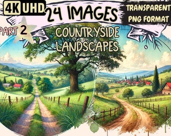 Countryside Landscape Clipart – 24 PNG Scenic Cottage Graphics (Digital Download)