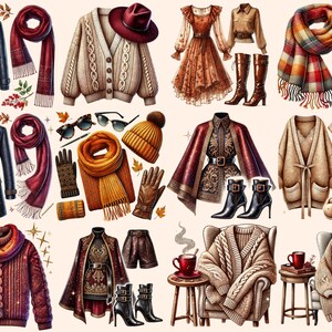Op de afbeelding: Een assortiment herfst- en winterkleding, waaronder jassen, truien, sjaals, hoeden, handschoenen en laarzen. Het kleurenpalet bevat warme tinten zoals bordeauxrood, mosterdgeel en beige, met een focus op gezellige texturen en stijlvolle ontwerpen.