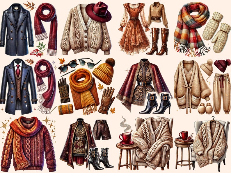 Op de afbeelding: Een assortiment herfst- en winterkleding, waaronder jassen, truien, sjaals, hoeden, handschoenen en laarzen. Het kleurenpalet bevat warme tinten zoals bordeauxrood, mosterdgeel en beige, met een focus op gezellige texturen en stijlvolle ontwerpen.